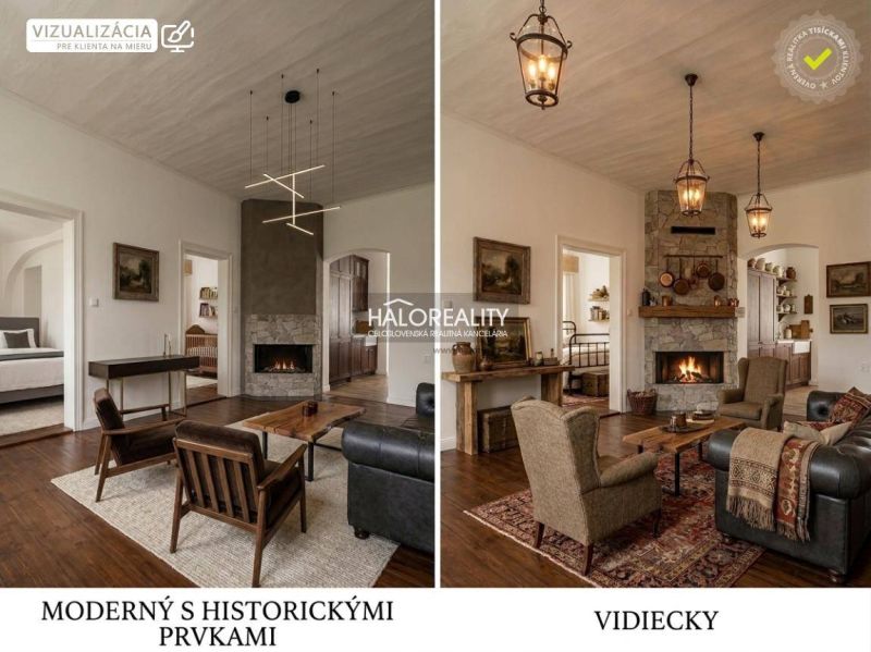 Dvojitá vizualizace obývacího pokoje s krbem a podlahou s dřevěným dekorem.