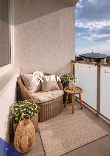 Balkon 4pokojového bytu s ratanovým nábytkem a dekoracemi v příjemném stylu.