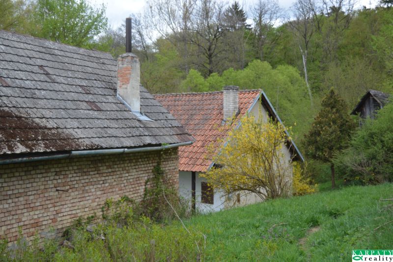 Rodinný dům v Bukovci se starou cihlovou zdí obklopený zeleným prostředím a stromy.
