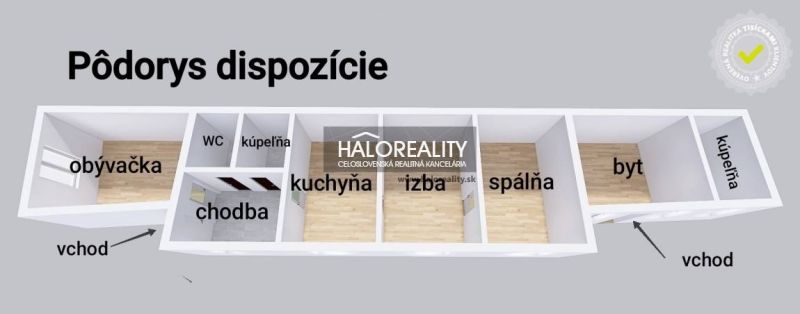 Půdorys rodinného domu v Malackách s obývacím pokojem, kuchyní a ložnicí.