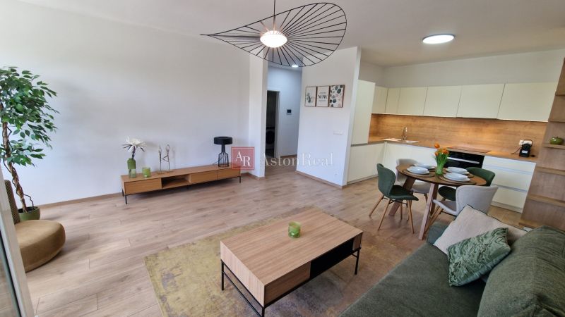 Obývací pokoj s kuchyní v 2-pokojovém bytě, podlaha s dřevěným dekorem, elegantní nábytek.