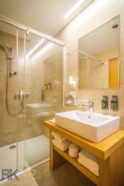 Koupelna v rekreačním apartmánu se skleněným sprchovým koutem a elegantním umyvadlem.
