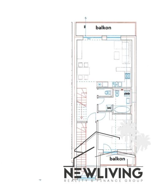 Půdorys 4-pokojového bytu s balkonem, zobrazující rozložení pokojů a zařízení.