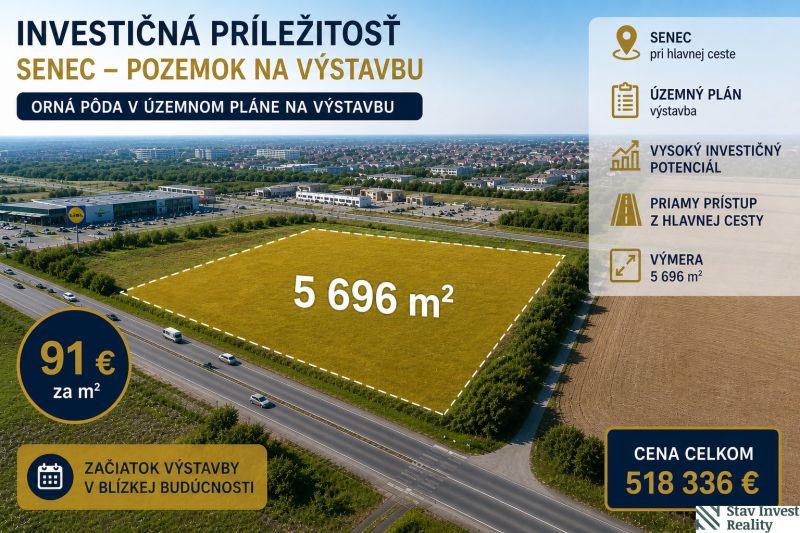 Pozemek na bydlení v Senci s výměrou 5 696 m², vhodný pro výstavbu.