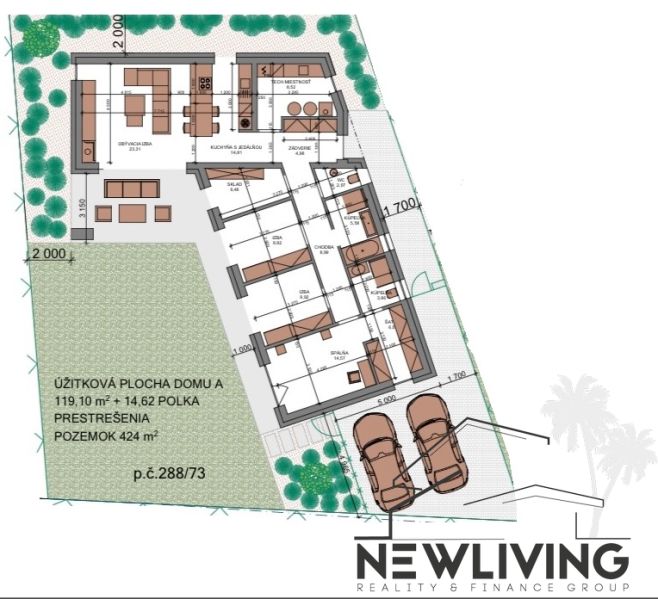 Půdorys Rodinného domu s rozlohou 119,10 m² na pozemku 424 m².