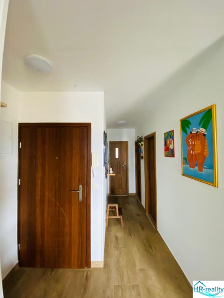 Chodba rekreačního apartmánu s podlahou s dřevěným dekorem a barevnými obrazy na stěnách.