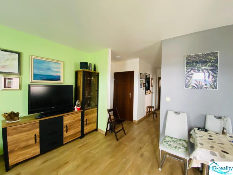 Obývací pokoj v rekreačním apartmánu s televizí a dekoracemi, podlaha s dřevěným dekorem.