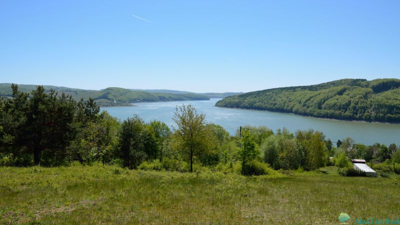 Výhled z rekreačních pozemků v Nové Kelči na jezero obklopené lesy.