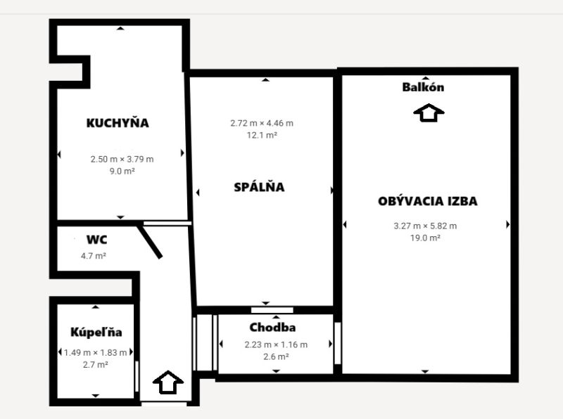 Půdorys 2-pokojového bytu s kuchyní, obývacím pokojem a balkonem.