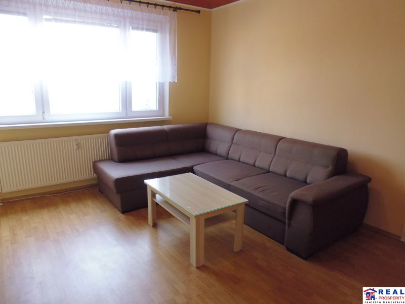 Světlý obývací pokoj v 2-pokojovém bytě s pohovkou a stolkem na podlaze s dřevěným dekorem.