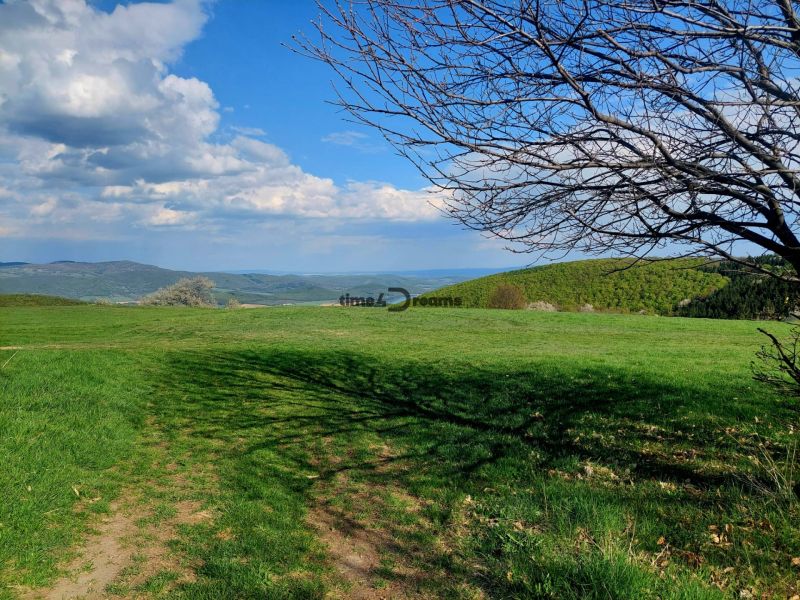 Krásná zelená krajina v Budiné s výhledem na kopce a modrou oblohu.