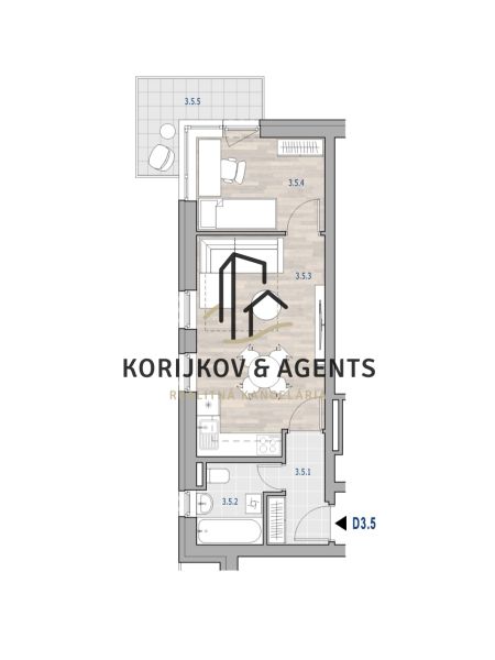 Půdorys 2-pokojového bytu s podlahou s dřevěným dekorem a balkonem.