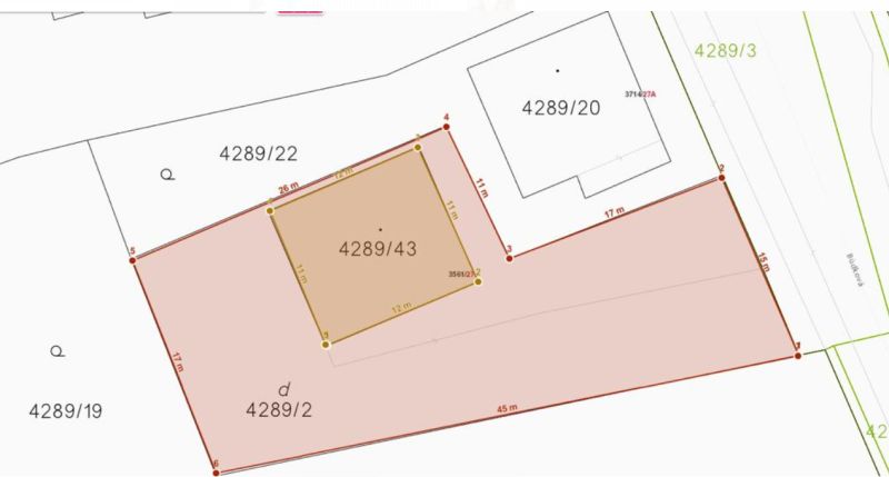 Katastrální mapa s parcelami 4289/43 a 4289/2 na ulici Búdková v Bratislavě.