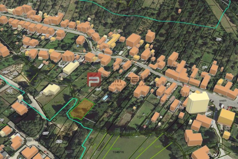 3D mapa Pozemků - bydlení v Borince, zobrazuje ulice a okolní budovy Borinky.