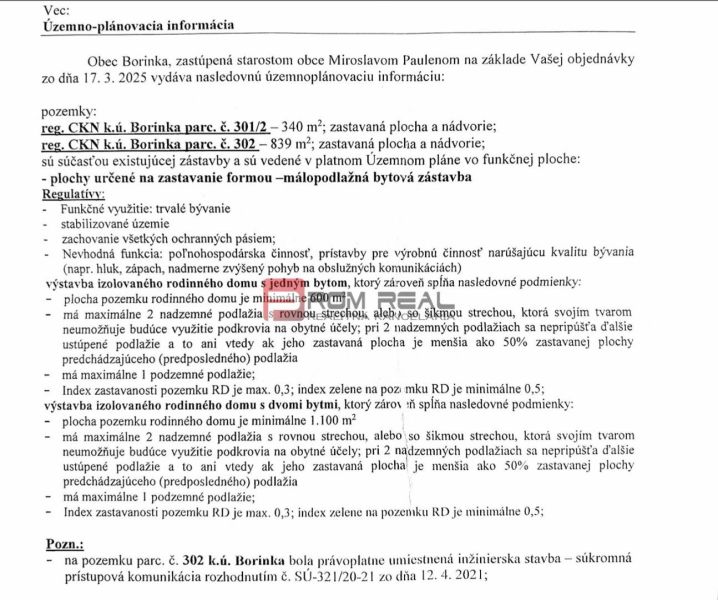 Územněplánovací informace pro Borinku zahrnuje výstavbu domů a ochranná pásma.
