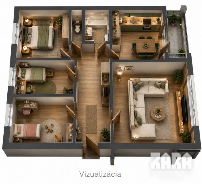 Vizualizace 4pokojového bytu s podlahou s dřevěným dekorem a moderním zařízením.
