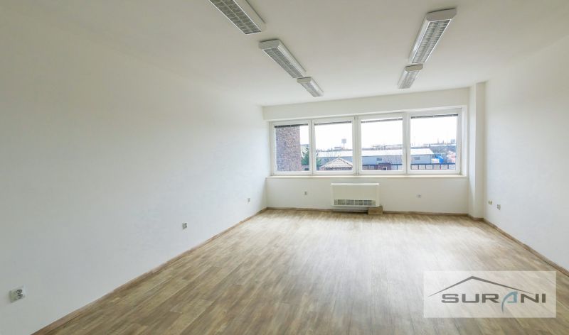 Kancelář s bílými stěnami a podlahou s dřevěným dekorem, velká okna zdrojem světla.
