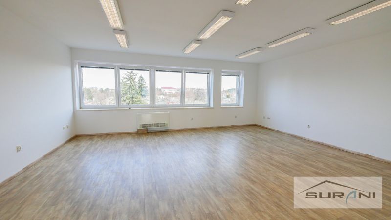 Prostorná kancelář s podlahou s dřevěným dekorem a velkými okny.