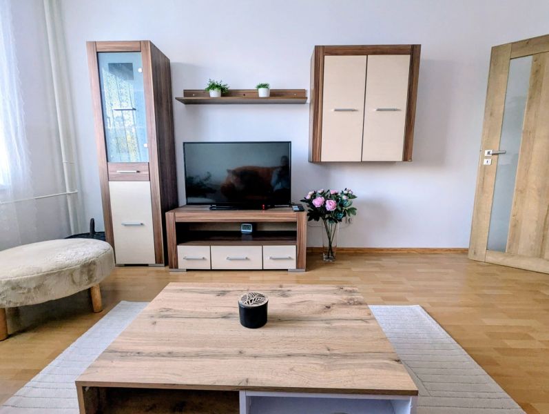 Obývací pokoj dvoupokojového bytu s podlahou s dřevěným dekorem a TV nábytkem.
