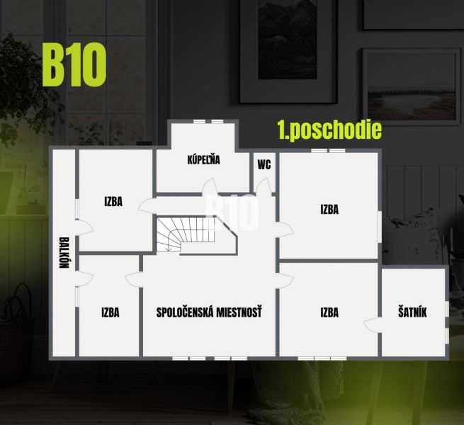 Půdorys patra rodinného domu s pokoji, koupelnou, WC, společenskou místností a balkonem.