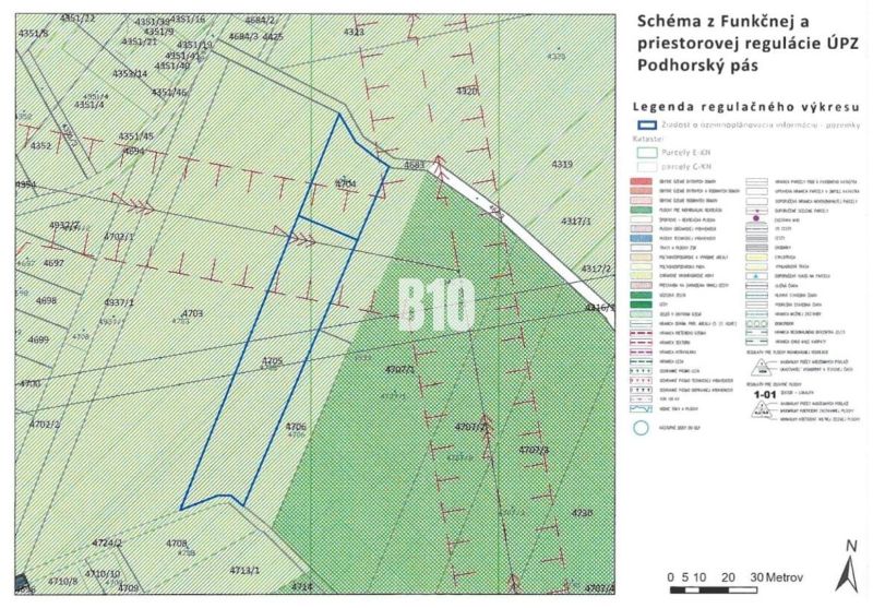 Mapa z Podhorského pásu s legendou regulativů a parcelami, Bratislava III, Zahrady.