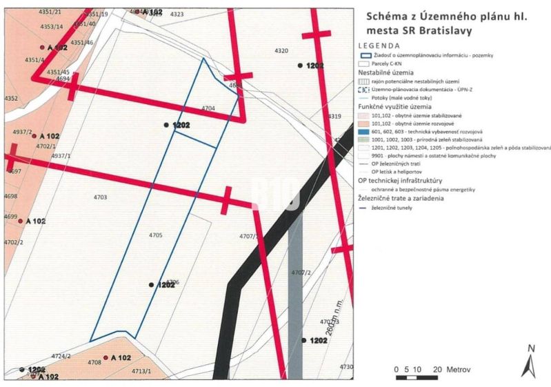 Mapa územního plánu Bratislava III znázorňující funkční využití pozemků a železniční tratě.