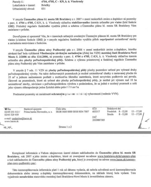 Dokument o územním plánu pro pozemky ve Vinohradech, Bratislava, s funkcí určenou pro vinice.