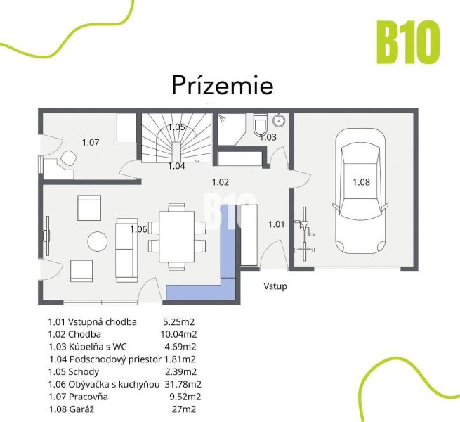 Půdorys přízemí rodinného domu s obývacím pokojem, kuchyní a garáží.