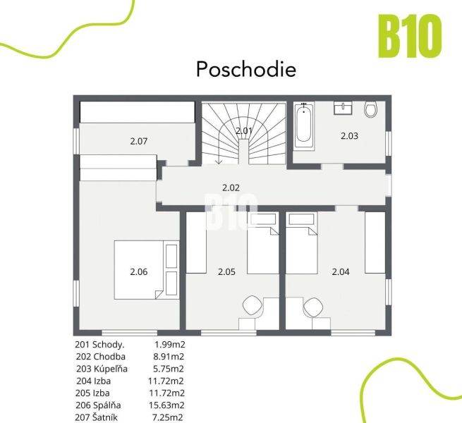 Půdorys patra rodinného domu v Malinově: schody, chodba, koupelna, pokoje, ložnice, šatna.
