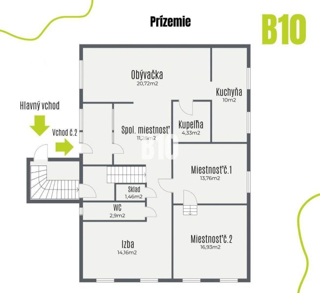 Půdorys přízemí rodinného domu ve Štvrtku na Ostrově s pokoji a skladem.