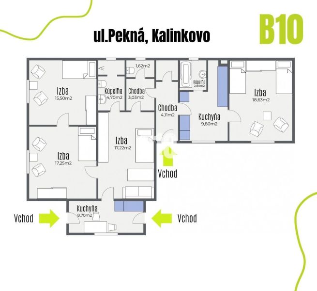 Půdorys rodinného domu v Kalinkově zahrnuje pokoje, koupelny a kuchyně se dvěma vchody.