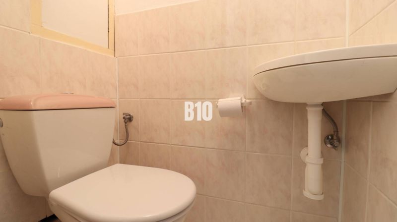 Toaleta a umyvadlo v koupelně ve 3pokojovém bytě s dlažbou.