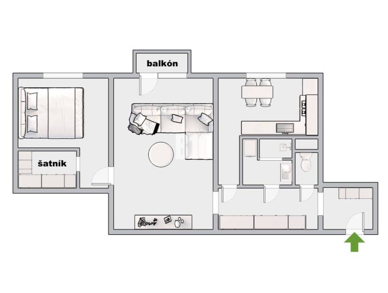 Půdorys 2-pokojového bytu zahrnuje balkon, ložnici, šatník, obývací pokoj, kuchyň a koupelnu.
