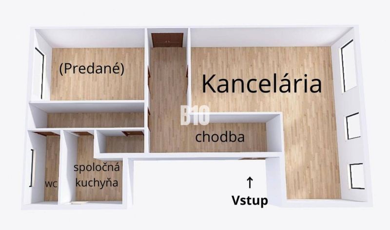 Půdorys kanceláře s chodbou, kuchyní, WC a podlahou s dřevěným dekorem.