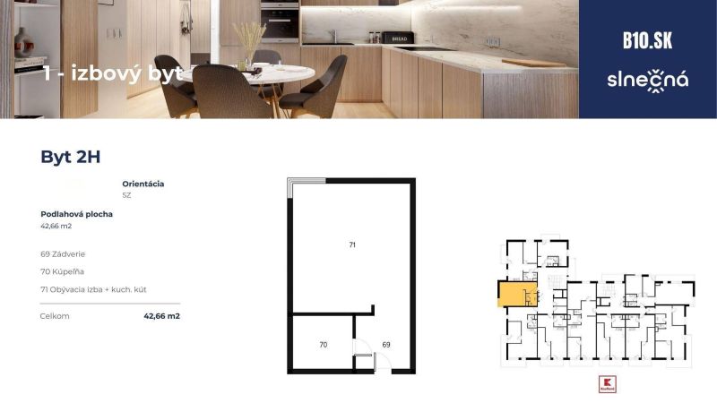 **1-pokojový byt** s kuchyní, koupelnou a chodbou. Podlahová plocha 42,66 m².