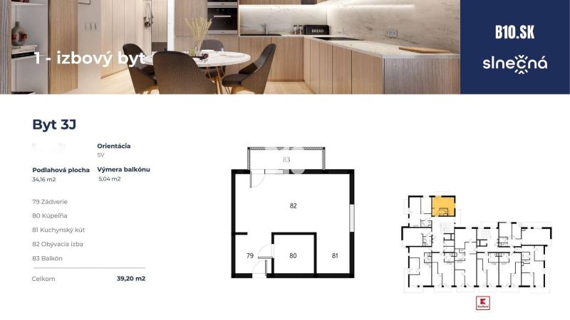 1+kk byt s koupelnou, kuchyňským koutem, obývacím pokojem a balkonem, celková plocha 39,20 m².