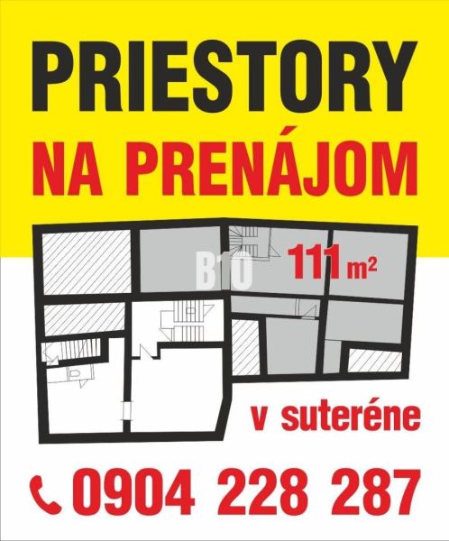 Pronájem 111 m² obchodních prostor v suterénu s půdorysem a kontaktem.