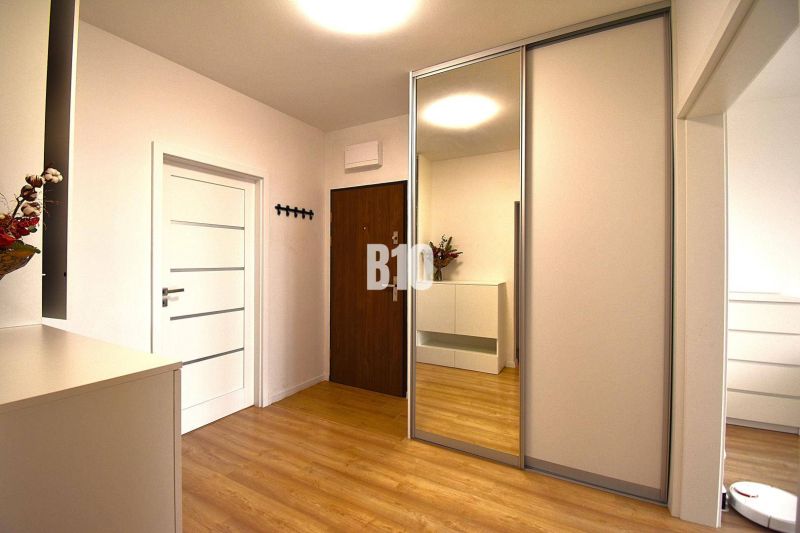 Vstupní hala s bílou skříní a zrcadlem, podlaha s dřevěným dekorem, 3pokojový byt.