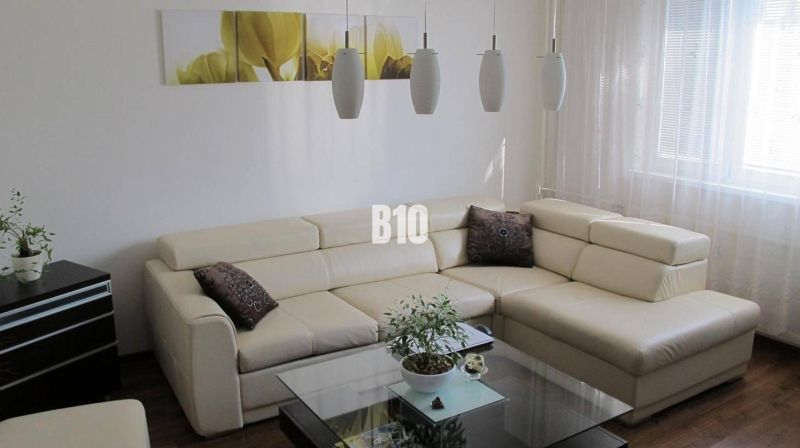 Elegantní obývací pokoj ve 4-pokojovém bytě s krémovou sedačkou a podlahou s dřevěným dekorem.