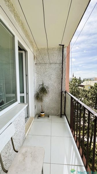 Balkon s bílou podlahou a rostlinou v 1-pokojovém bytě.