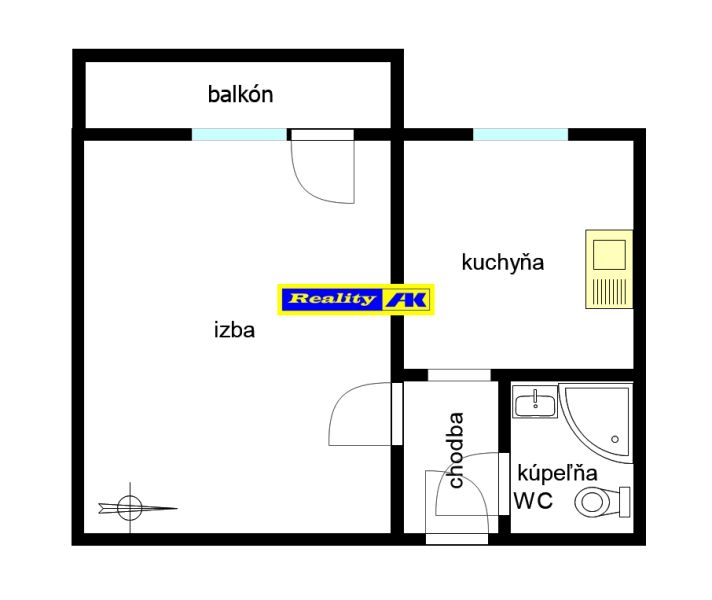 Půdorys 1-pokojového bytu se skladbou místností: pokoj, kuchyně, balkon, koupelna, WC.