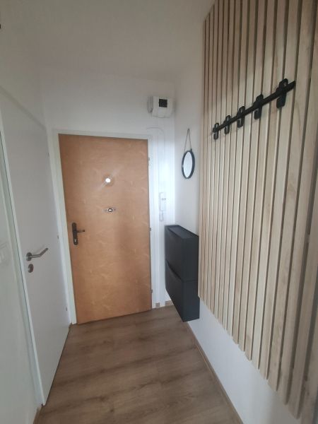 Předsíň v 1-pokojovém bytě s podlahou s dřevěným dekorem, zrcadlem a úložným prostorem.