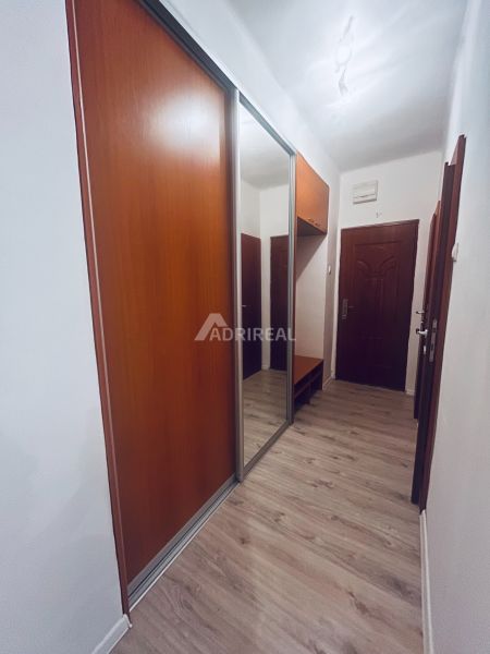 Vstupní hala s vestavěnou skříní a podlahou s dřevěným dekorem ve 3pokojovém bytě.
