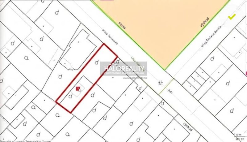 Katastrální mapa pozemku k bydlení v Trnavě se zvýrazněnými hranicemi.