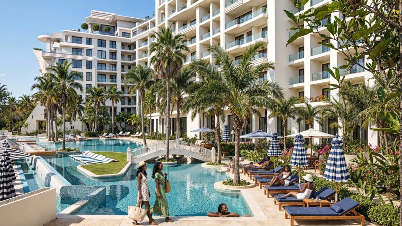 Elegantní resort s bazénem, palmami a relaxujícími hosty.