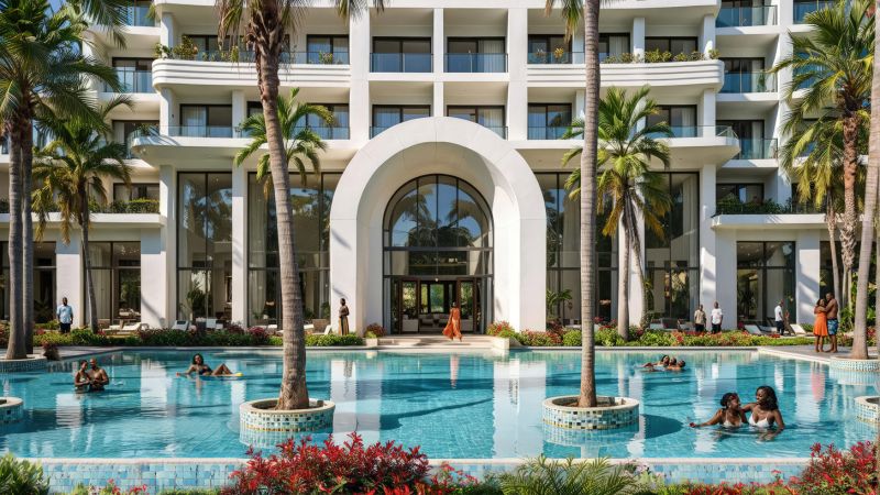 Bazén u luxusního hotelu s palmami v Paje.