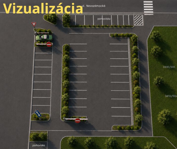 Parkoviště na Novozámocké ulici ve Zvolenu, Banskobystrický kraj, Slovensko obklopené zelení.