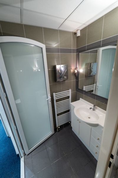Koupelna s umyvadlem, zrcadlem, sprchovým koutem a žebříkovým radiátorem v budově.