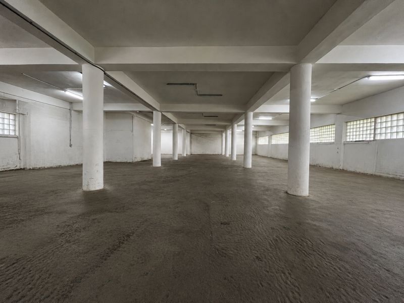 Prostorný interiér s betonovou podlahou a bílými sloupy ve skladech a halách.