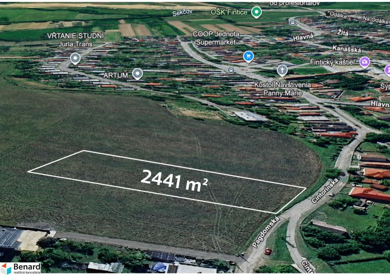 Pozemky - bydlení v Finticích, velikost 2441 m², viditelné místní orientační body.